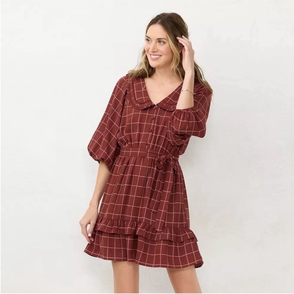 NWT Women’s LC Lauren Conrad Ruffle Chiffon Shirt Dress, Wine Plaid, Size Small